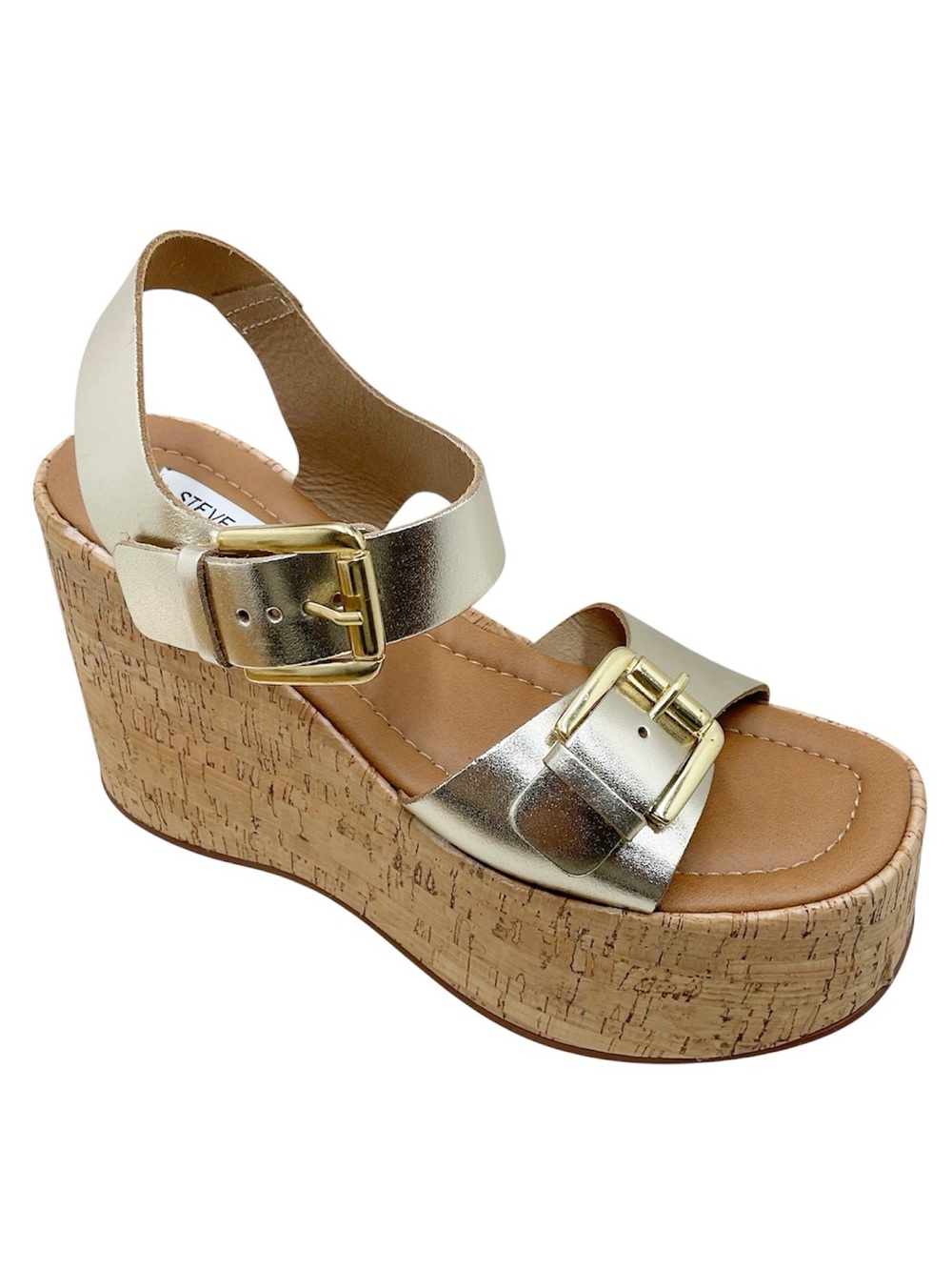 🆕{Steve Madden} River Metallic Gold Leather Cork Wedge Sandals